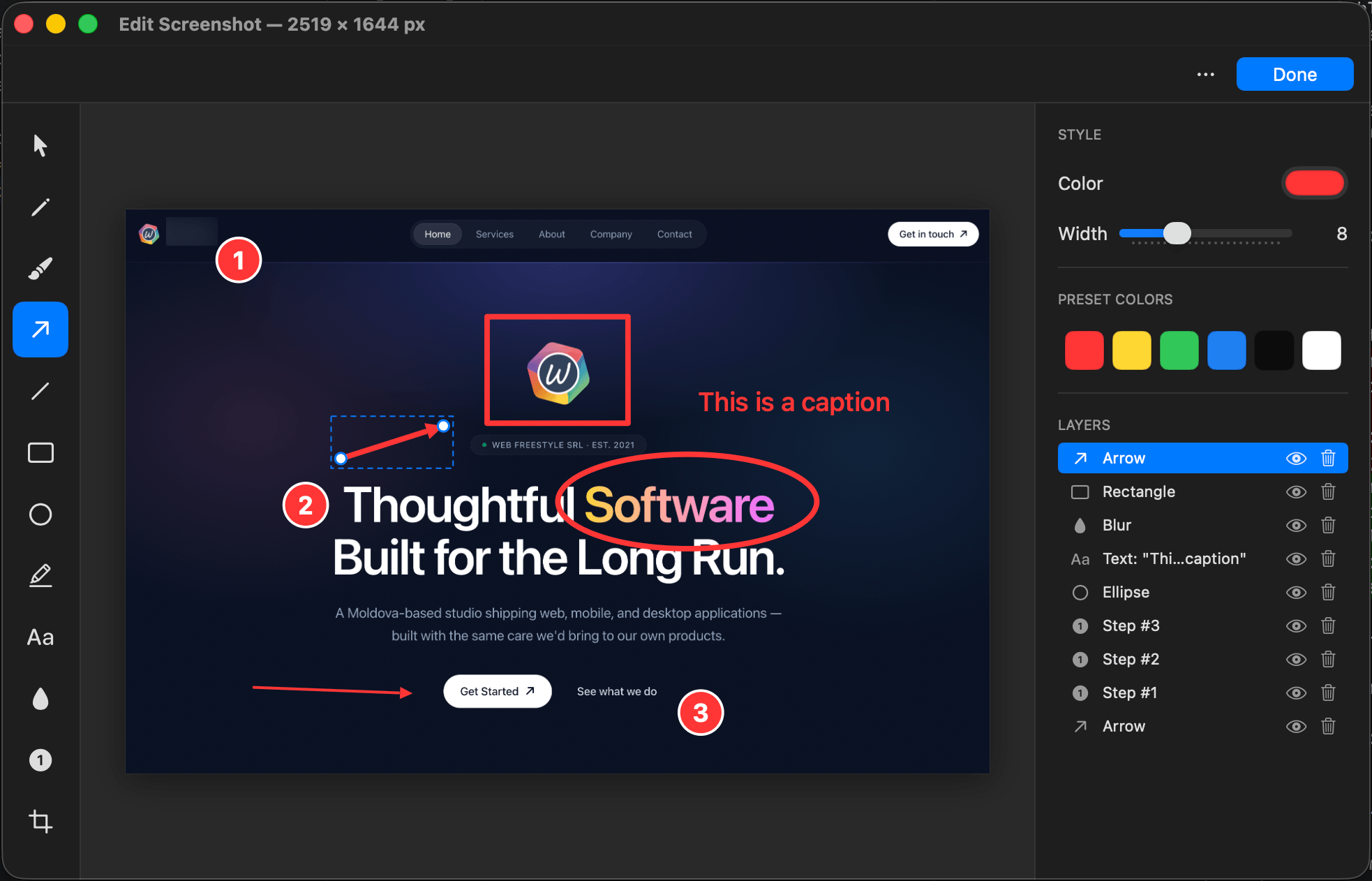 Graboard annotation editor marking up a screenshot with arrows, numbered steps, a circle and a caption
