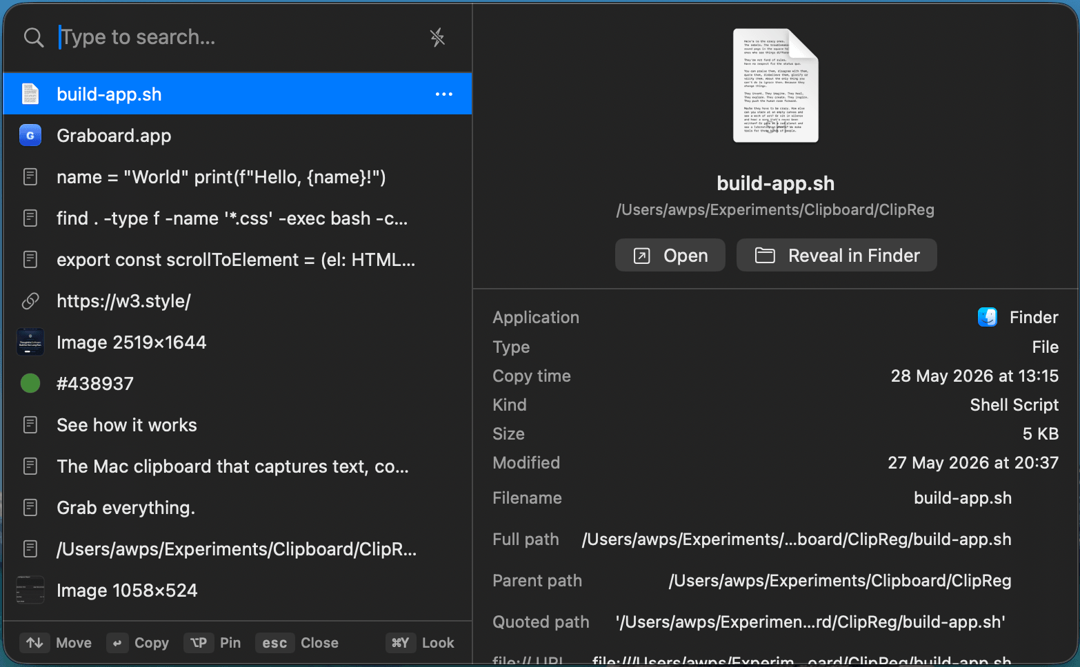 Graboard clipboard history with code, files, links, images and color items side by side