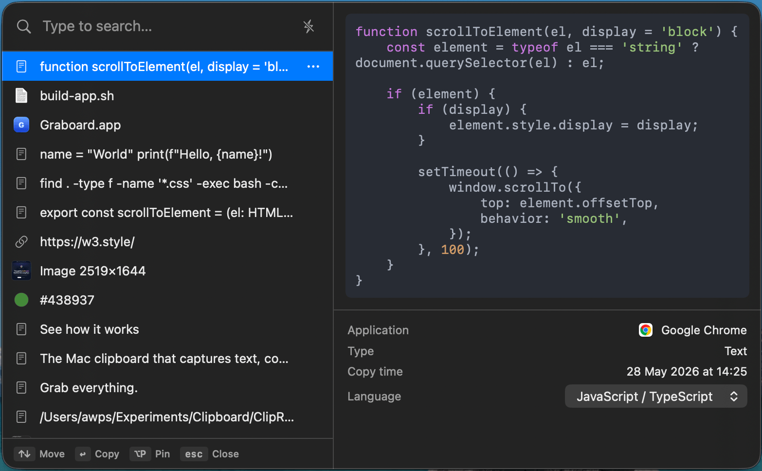 Graboard code preview with syntax highlighting