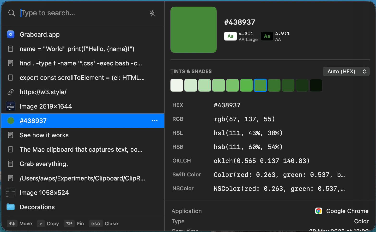 Graboard color preview — swatch, WCAG contrast, tints & shades, and hex/rgb/hsl/oklch conversions
