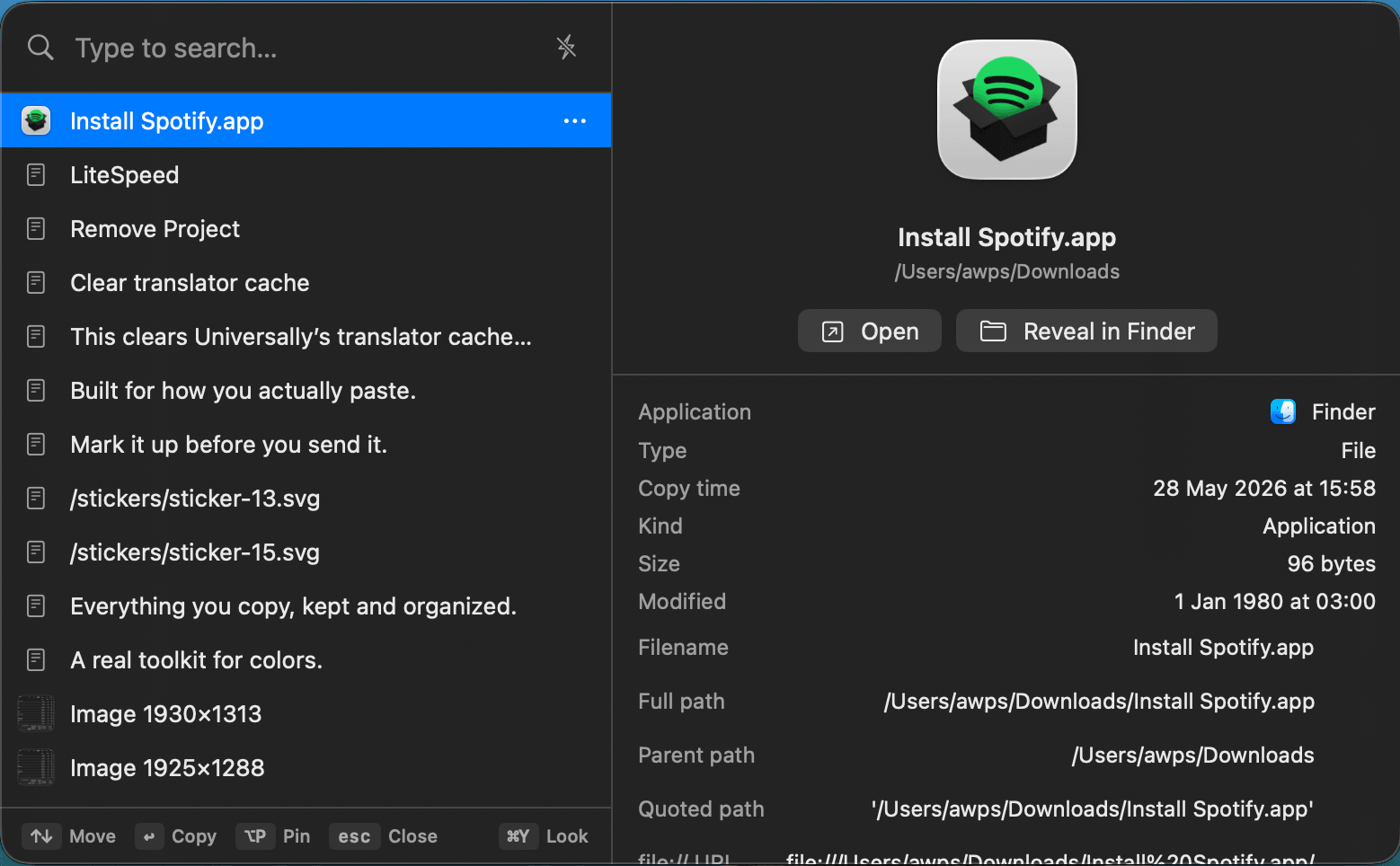 Graboard file preview pane with application details — kind, size, modified date and full path