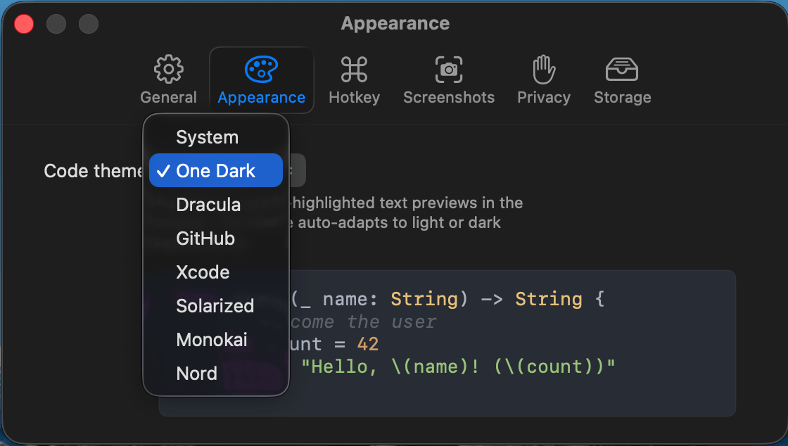 Code item preview with syntax highlighting and a code-theme picker open