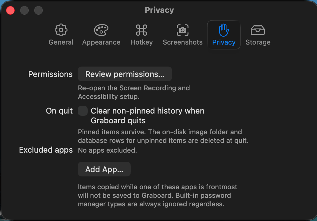 Graboard Privacy settings — excluded apps, clear-on-quit and password-manager protection