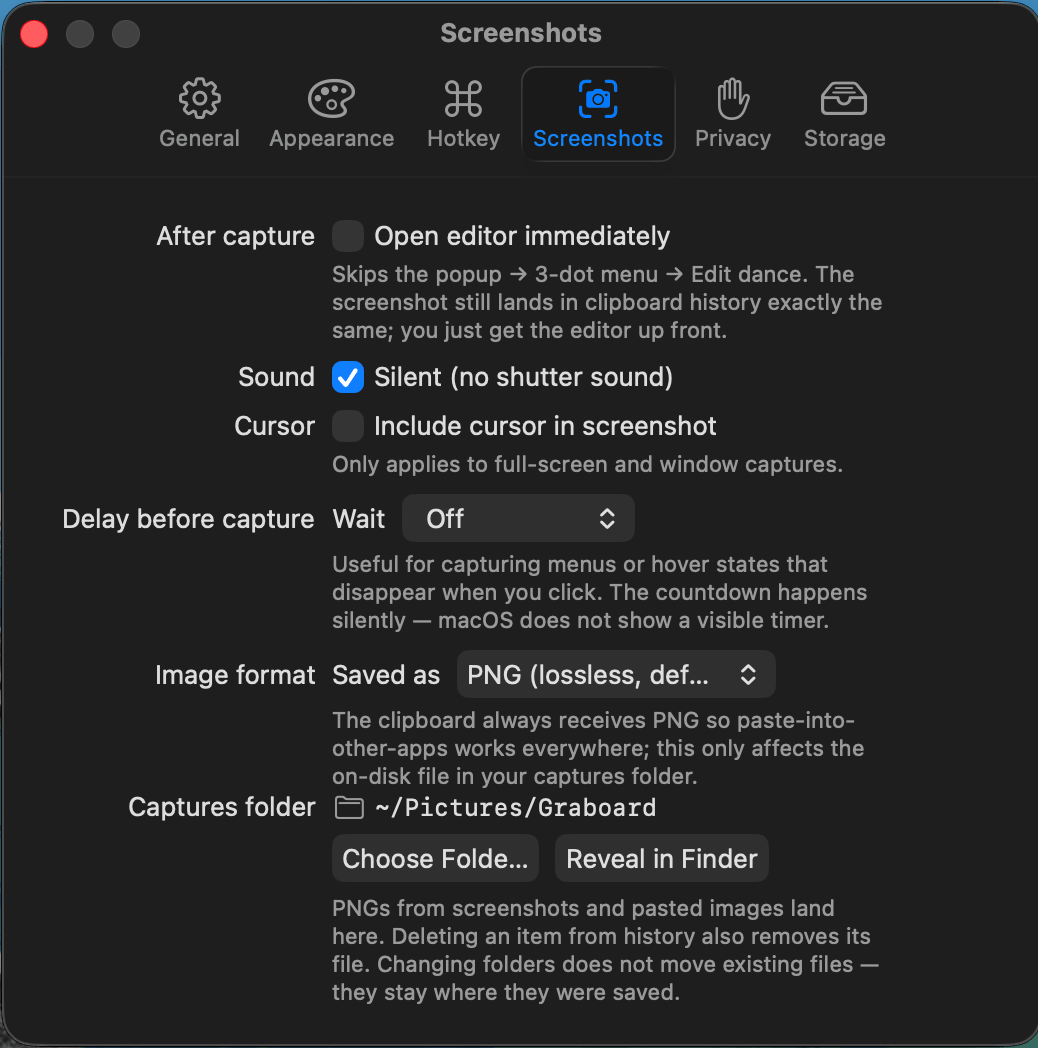 Graboard Screenshots settings — silent capture, cursor, delay, image format and captures folder